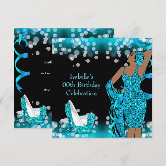 Retro Dames Turquoise Glitter Hakken Verjaardagsfe Kaart (Voorkant / Achterkant)