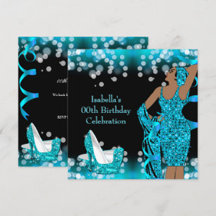 Retro Dames Turquoise Glitter Hakken Verjaardagsfe Kaart