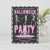 Retro Dancing Skeleton Roze + Zwart Halloween Part Kaart (Staand voorkant)