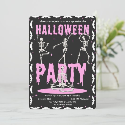Retro Dancing Skeleton Roze + Zwart Halloween Part Kaart (Staand voorkant)