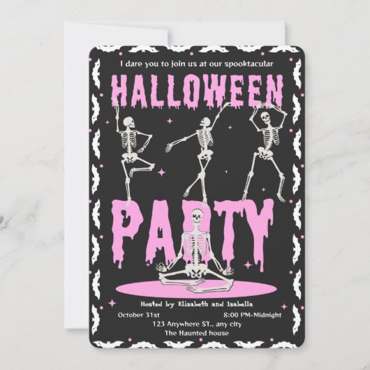 Retro Dancing Skeleton Roze + Zwart Halloween Part Kaart (Voorkant)