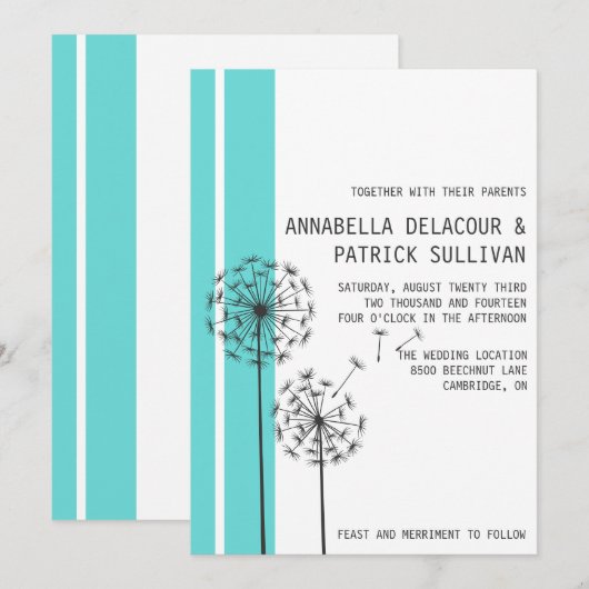 Retro Dandelions Blue Minimalist Wedding Kaart (Voorkant / Achterkant)