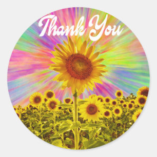 Retro Dank Je Gele Zonnebloem Regenboog Bloem Ronde Sticker