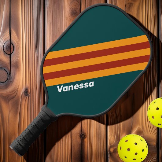 Retro Dark Blauwgroen Splash Stripes met Naam Pickleball Paddle