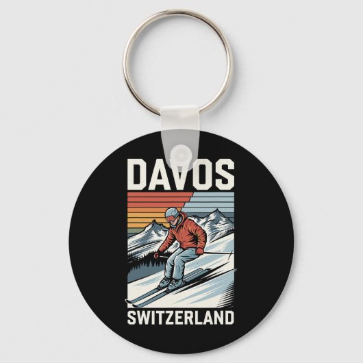 Retro Davos Zwitserland Ski Resort Sleutelhanger (Voorkant)