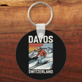 Retro Davos Zwitserland Ski Resort Sleutelhanger (Voorkant)