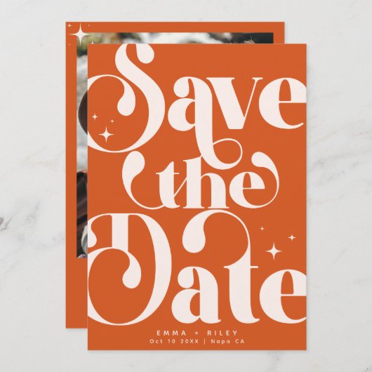 Retro  De datumfoto opslaan | Oranje roze Aankondiging (Voorkant / Achterkant)