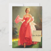 Retro De vrouw in een roze baljurk, Save The Date Kaart (Voorkant)
