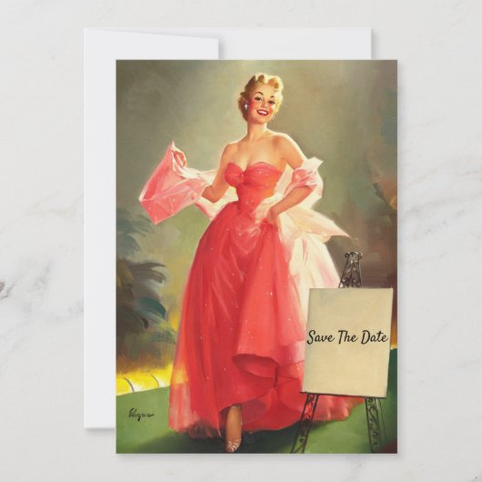 Retro De vrouw in een roze baljurk, Save The Date Kaart (Voorkant)