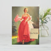 Retro De vrouw in een roze baljurk, Save The Date Kaart (Staand voorkant)