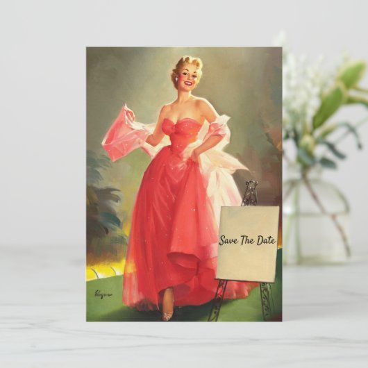Retro De vrouw in een roze baljurk, Save The Date Kaart (Staand voorkant)