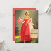 Retro De vrouw in een roze baljurk, Save The Date Kaart (Voorkant / Achterkant in situ)