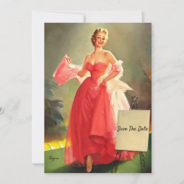 Retro De vrouw in een roze baljurk, Save The Date Kaart
