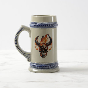 Retro Dead Burning Skull met hoorn in Vuur Bierpul