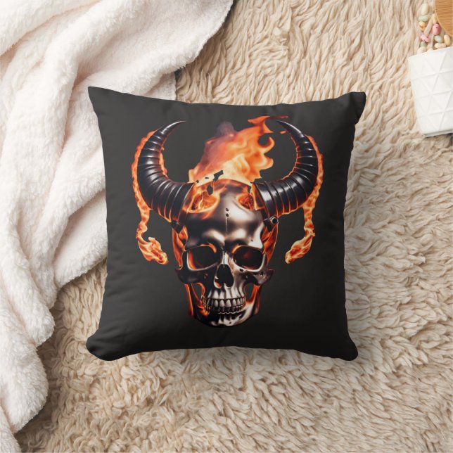 Retro Dead Burning Skull met hoorn in Vuur Kussen (Deken)