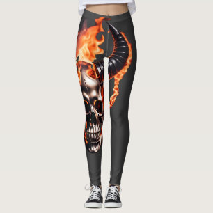 Retro Dead Burning Skull met hoorn in Vuur Leggings