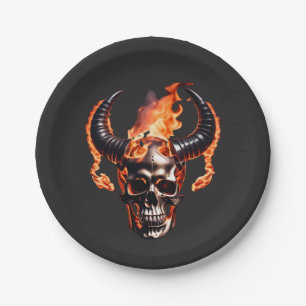 Retro Dead Burning Skull met hoorn in Vuur Papieren Bordje
