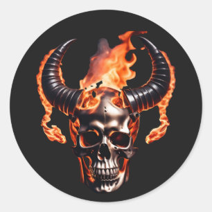 Retro Dead Burning Skull met hoorn in Vuur Ronde Sticker