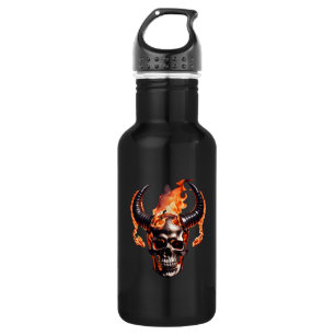 Retro Dead Burning Skull met hoorn in Vuur Waterfles