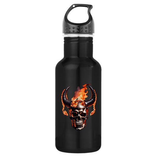 Retro Dead Burning Skull met hoorn in Vuur Waterfles (Voorkant)