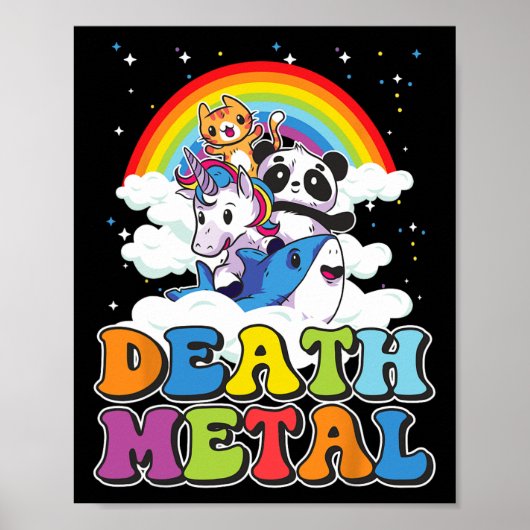 Retro Death Metal Cat Rainbow Unicorn Funny Heavy Poster (Voorkant)