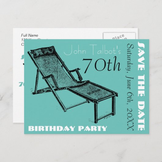 Retro Deckchair 70th verjaardagsfeest Save the Dat Aankondigingskaart (Voorkant / Achterkant)