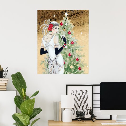 Retro deco dame kerstavond poster (Thuiskantoor)