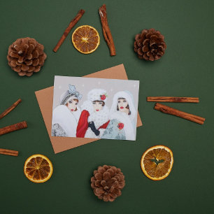 Retro  deco dames met kerstfeestdag feestdagen kaart