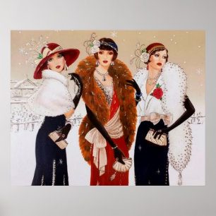 Retro deco kerstdames poster