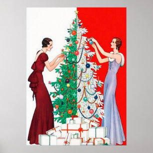 Retro  deco kerstdames poster