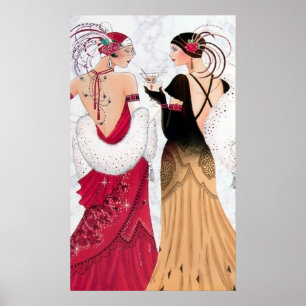 Retro  deco kerstdames poster