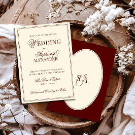Retro Deep Burgundy Ivory Oval Old Money Wedding Kaart