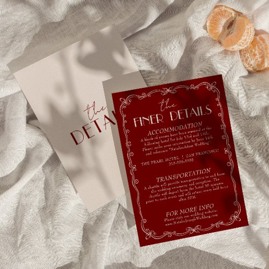 Retro Deep Red Ivory Old Money Wedding Details  Informatiekaartje