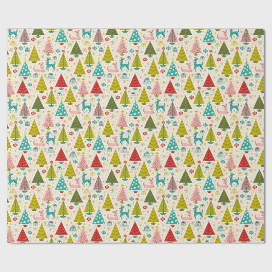 Retro Deer onder Snowy-kerstbomen Cadeaupapier (Vlak)