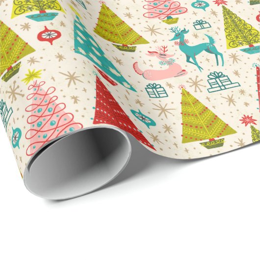 Retro Deer onder Snowy-kerstbomen Cadeaupapier (Rol Hoek)