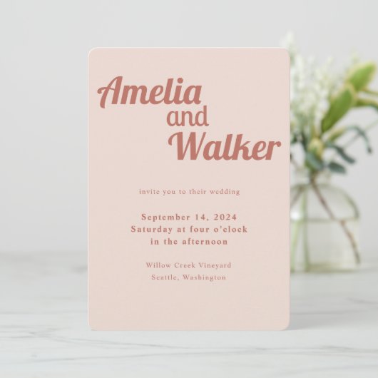 Retro Delight Blush Roos Roze Bruiloft Kaart (Staand voorkant)