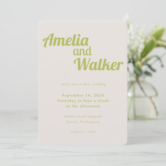 Retro Delight Chartreuse Groene Bruiloft Kaart (Staand voorkant)