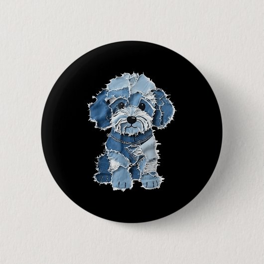 Retro Denim Dog Patch, Grappig Shabby Blue Jean Pu Ronde Button 5,7 Cm (Voorkant)