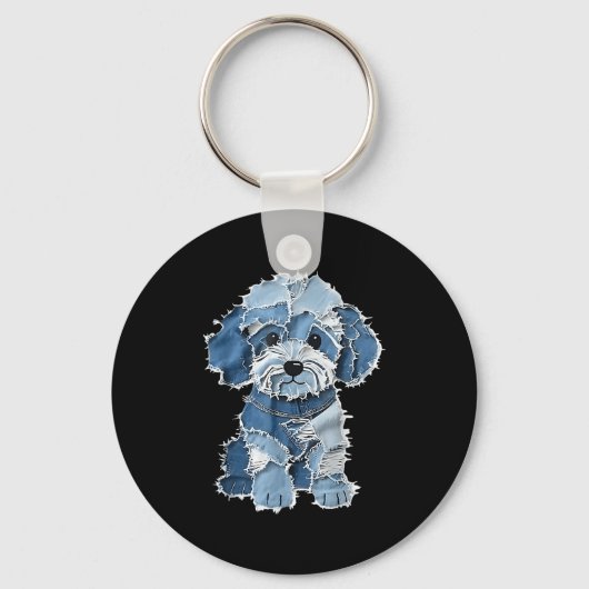 Retro Denim Dog Patch, Grappig Shabby Blue Jean Pu Sleutelhanger (Voorkant)