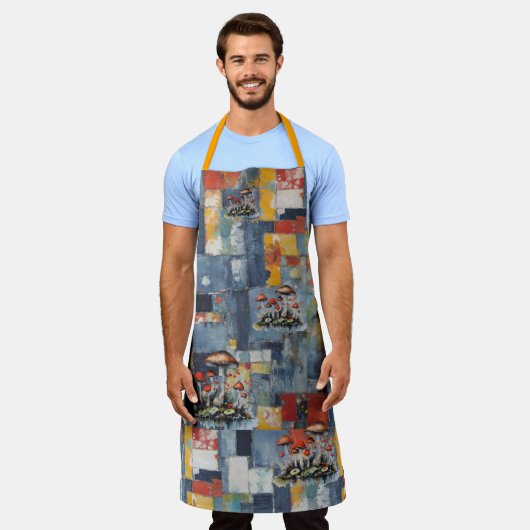 Retro Denim Patchwork met paddenstoelen Schort (Gedragen)