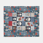 Retro Denim Patchwork met Rozen Schedels Skeletten Fleece Deken (Voorkant (Horizontaal))