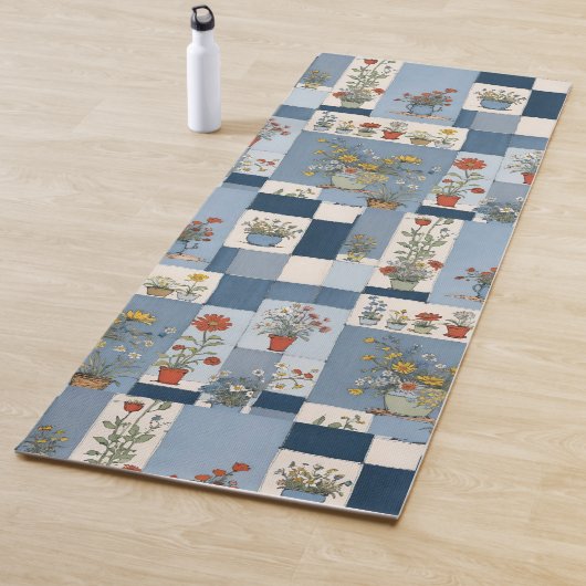 Retro Denim Patchwork Planten en Wildflower Pots Yogamat (In situ)