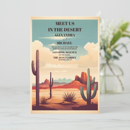 Retro Desert Cactus Landschap Bruiloft Kaart (Staand voorkant)