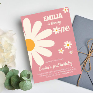 Retro desert daisy 1e verjaardag dusty roze kaart
