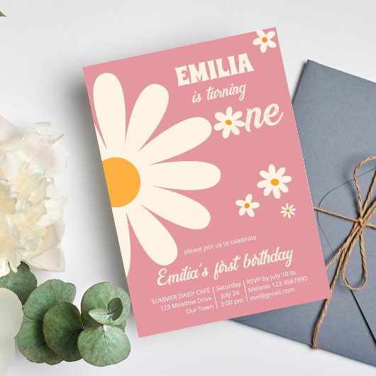 Retro desert daisy 1e verjaardag dusty roze kaart