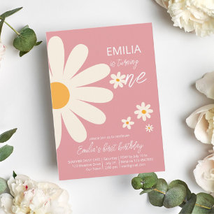 Retro desert daisy 1e verjaardag dusty roze kaart