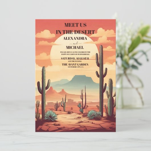 Retro Desert en Cactus Bruiloft Kaart (Staand voorkant)