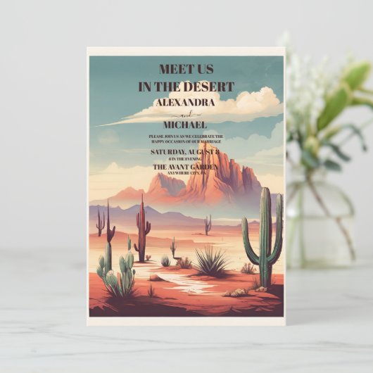 Retro Desert en Cactus Bruiloft Kaart (Staand voorkant)