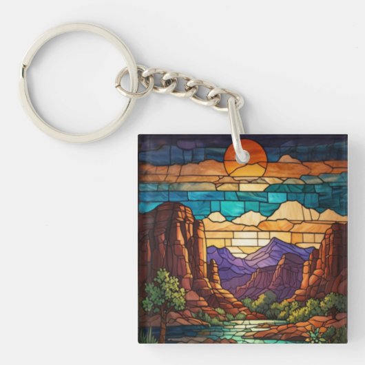 Retro desert scene Sedona mountains stainglass art Sleutelhanger (voorkant)