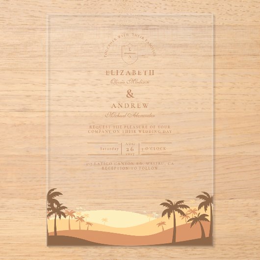 Retro Desert Sunset Wedding Acryl Uitnodigingen (Voorkant)